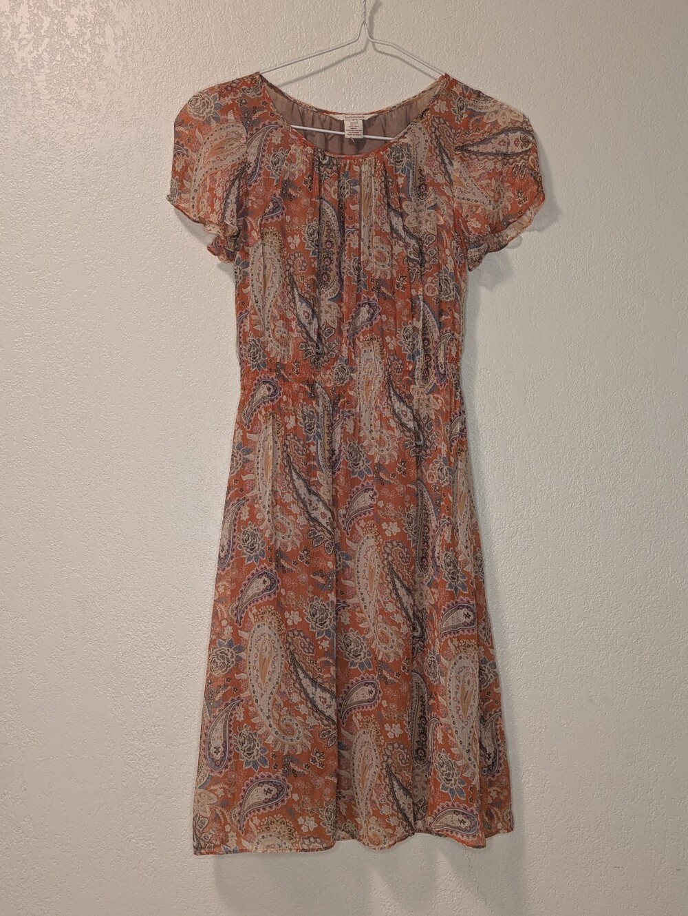 Sundance 100% Silk Chiffon Paisley Dress With Smocked Waist In Orange